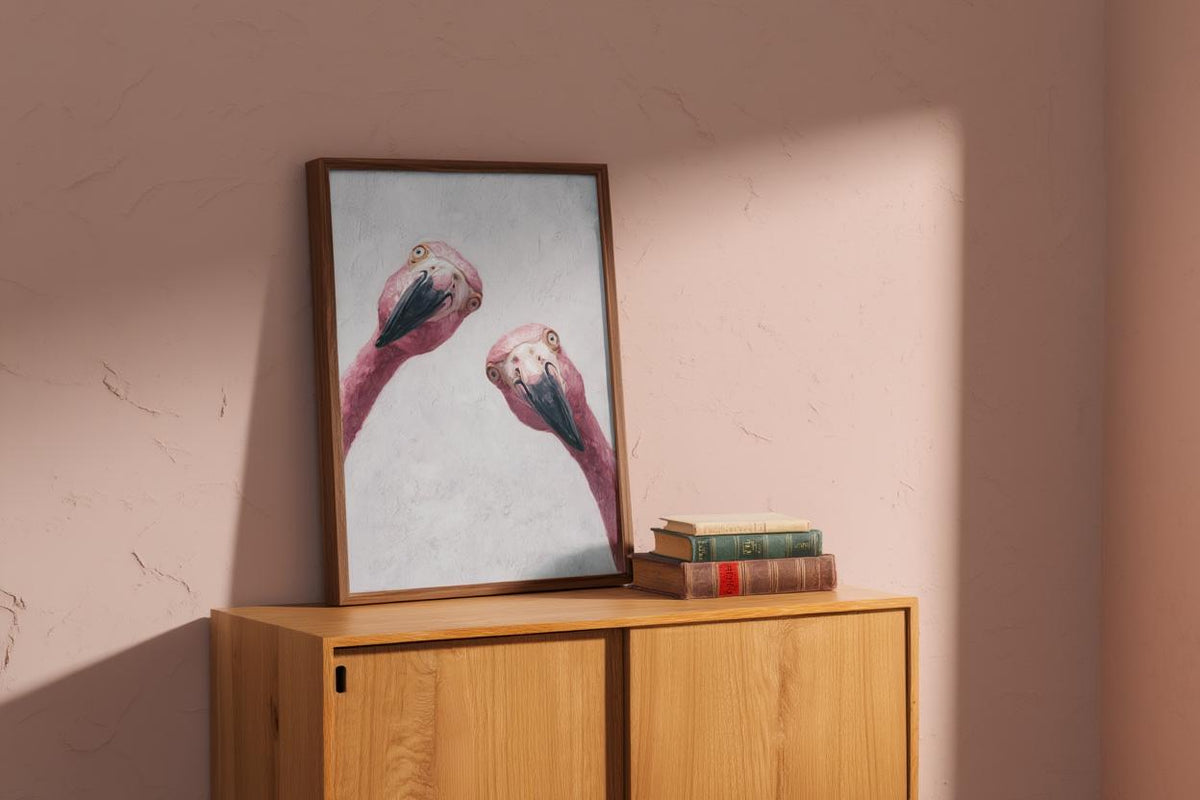 Funny Pink Flamingo Painting, Whimsical Tropical Nursery Wall Art