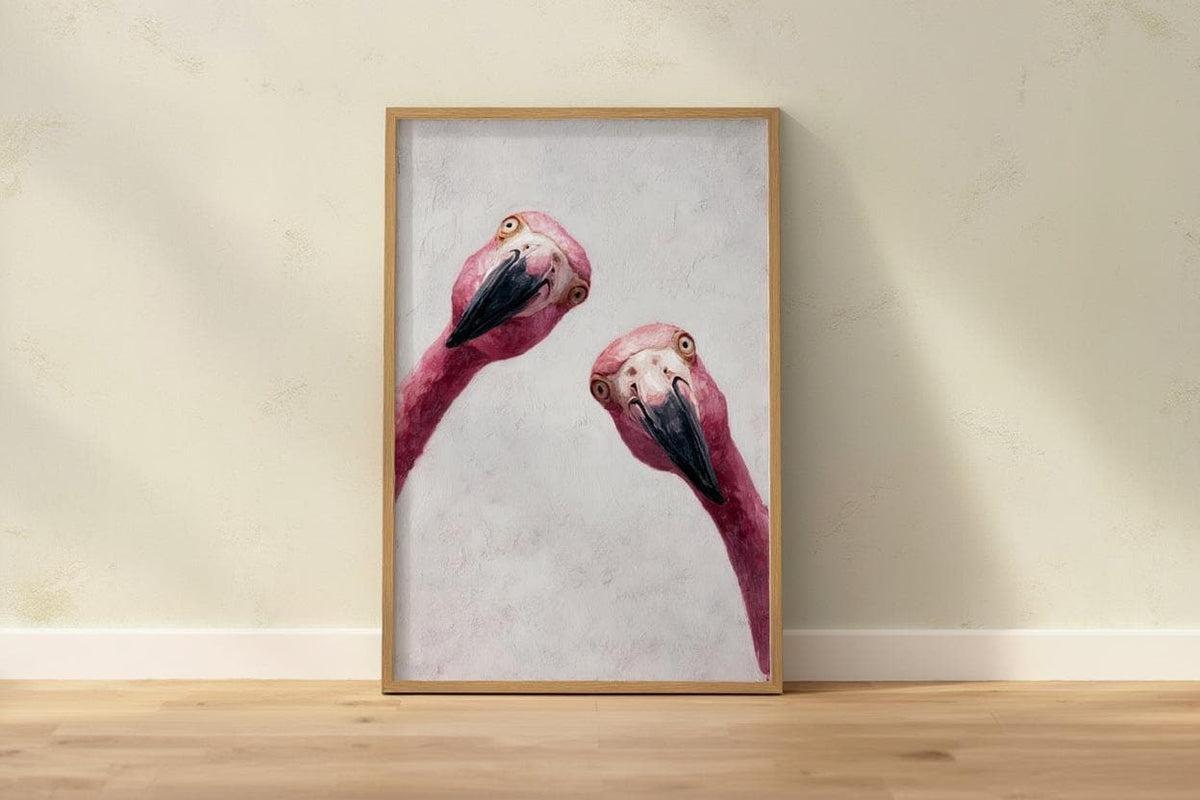 Funny Pink Flamingo Painting, Whimsical Tropical Nursery Wall Art