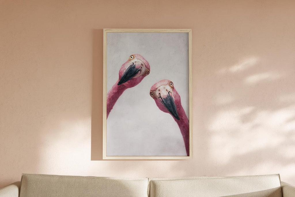 Funny Pink Flamingo Painting, Whimsical Tropical Nursery Wall Art