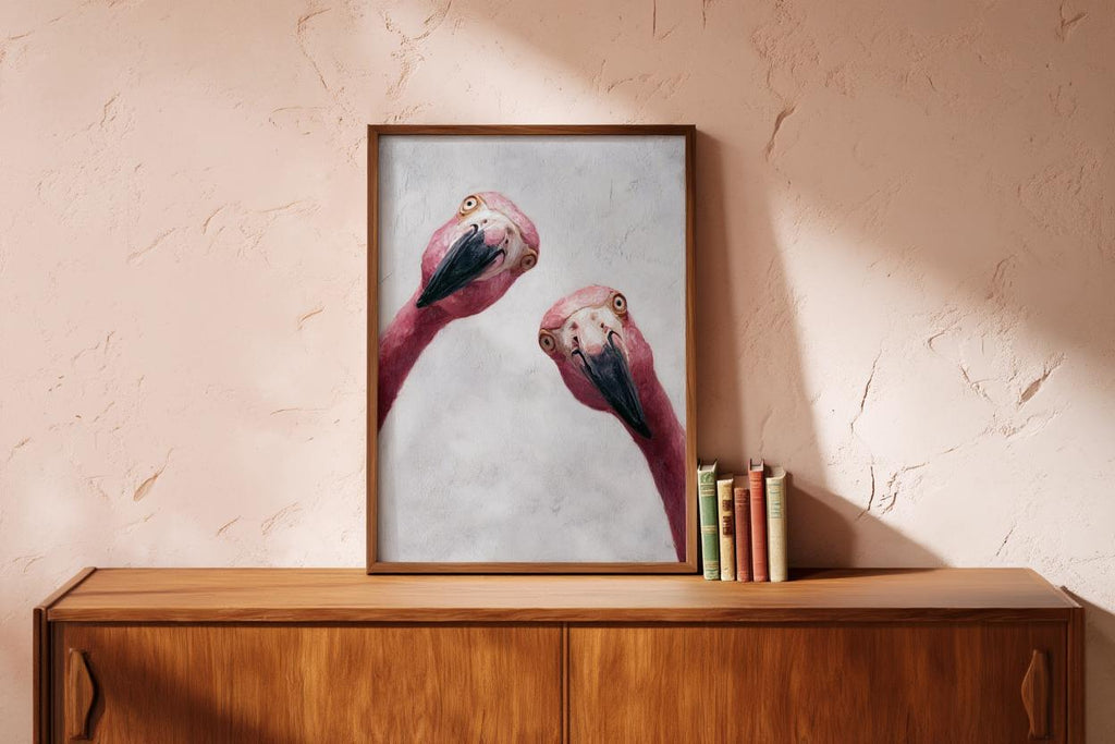 Funny Pink Flamingo Painting, Whimsical Tropical Nursery Wall Art