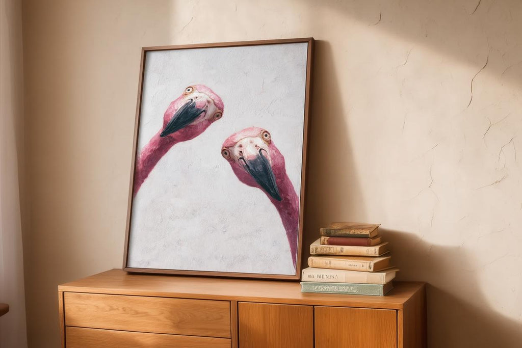 Funny Pink Flamingo Painting, Whimsical Tropical Nursery Wall Art
