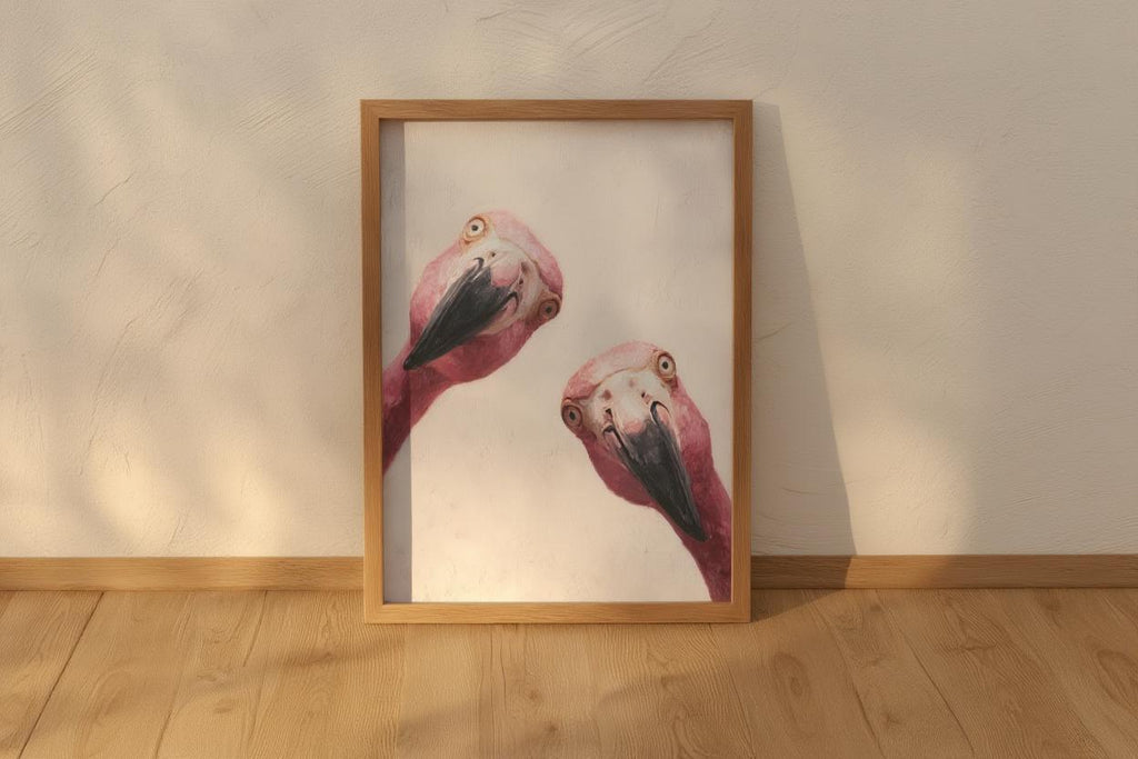 Funny Pink Flamingo Painting, Whimsical Tropical Nursery Wall Art