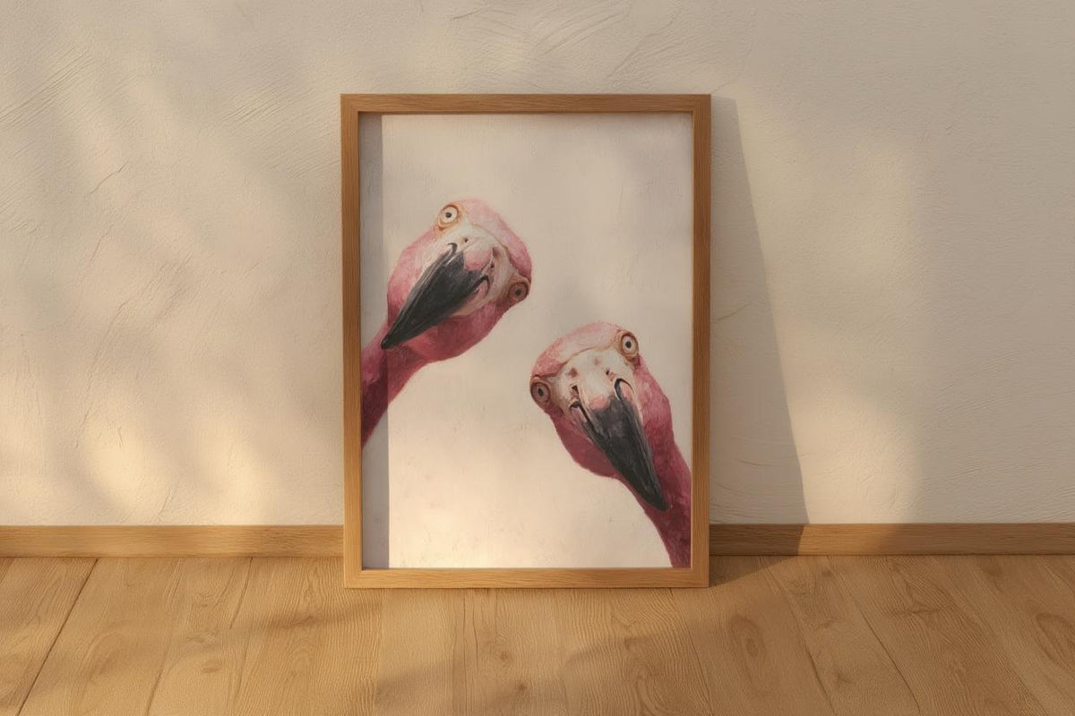 Funny Pink Flamingo Painting, Whimsical Tropical Nursery Wall Art