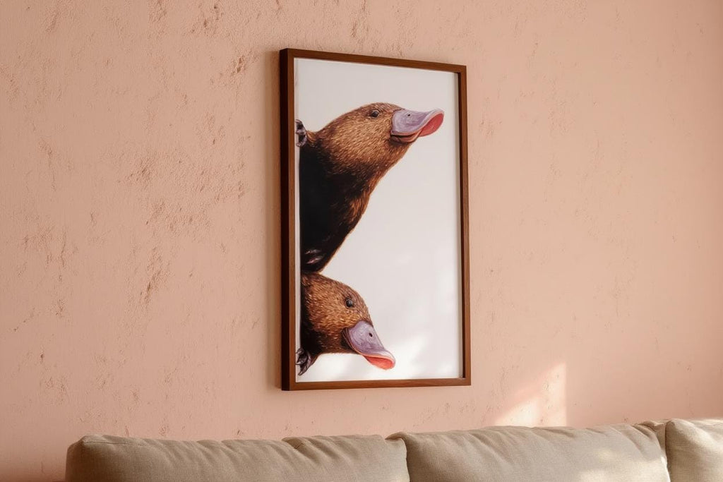 Peeking Platypus Art Print - Australian Animal Pair Gift - Whimsical Nursery Wall Decor - Cute Earth Tone Poster for Kids Room