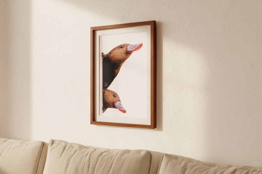 Peeking Platypus Art Print - Australian Animal Pair Gift - Whimsical Nursery Wall Decor - Cute Earth Tone Poster for Kids Room