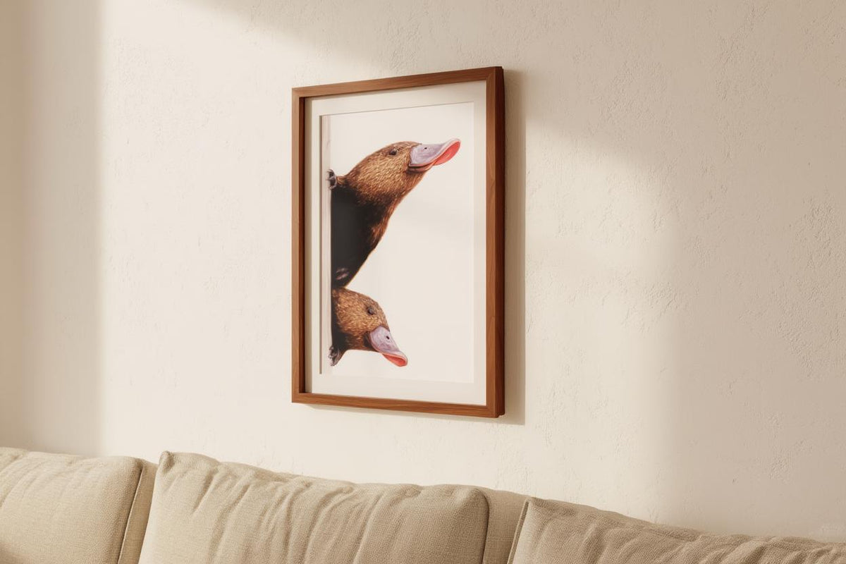 Peeking Platypus Art Print - Australian Animal Pair Gift - Whimsical Nursery Wall Decor - Cute Earth Tone Poster for Kids Room