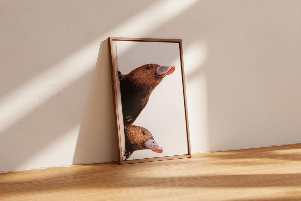 Peeking Platypus Art Print - Australian Animal Pair Gift - Whimsical Nursery Wall Decor - Cute Earth Tone Poster for Kids Room