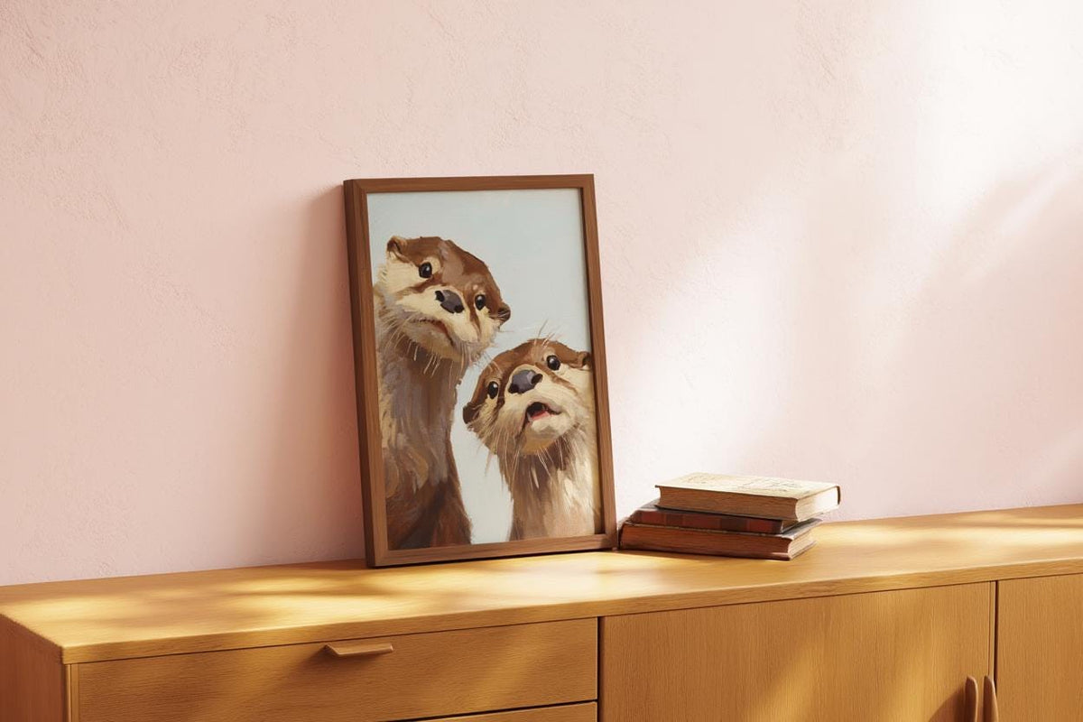 Whimsical Otter Nursery Art, Cute Animal Oil Painting, Woodland Coastal Wall Decor, Playful Kids Room Print, Peeking Otters Nature Gift