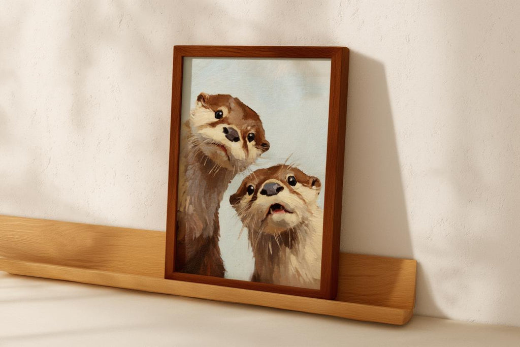 Whimsical Otter Nursery Art, Cute Animal Oil Painting, Woodland Coastal Wall Decor, Playful Kids Room Print, Peeking Otters Nature Gift