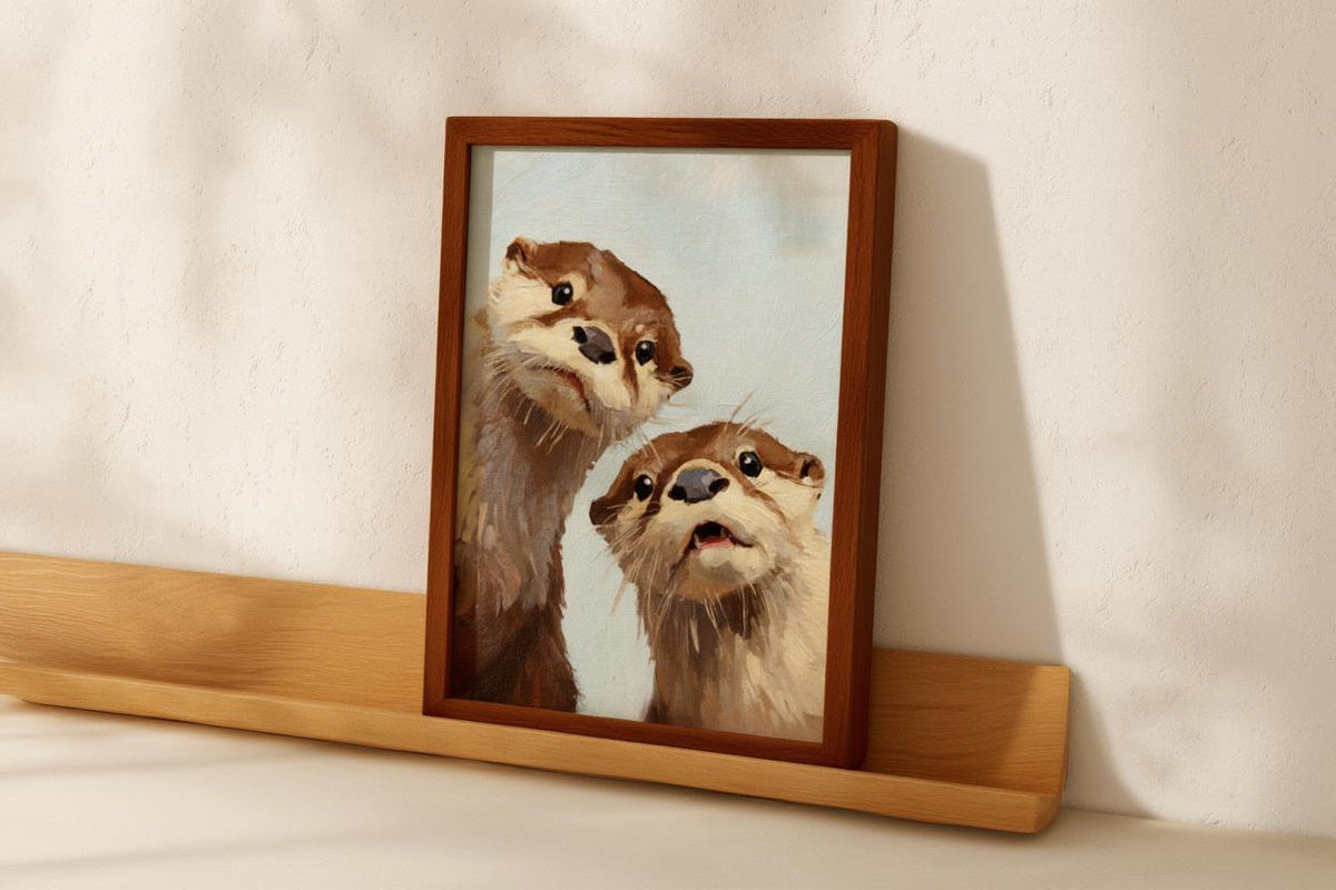 Whimsical Otter Nursery Art, Cute Animal Oil Painting, Woodland Coastal Wall Decor, Playful Kids Room Print, Peeking Otters Nature Gift