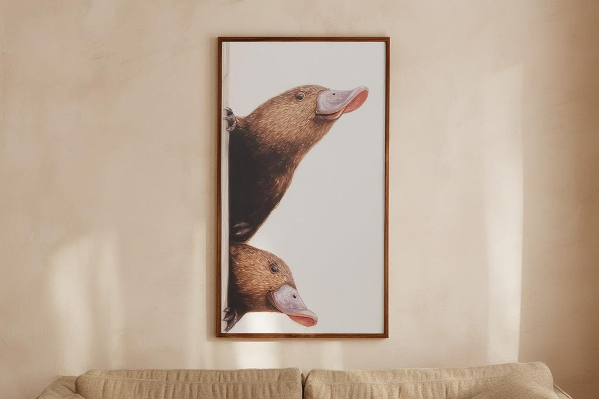 Peeking Platypus Art Print - Australian Animal Pair Gift - Whimsical Nursery Wall Decor - Cute Earth Tone Poster for Kids Room