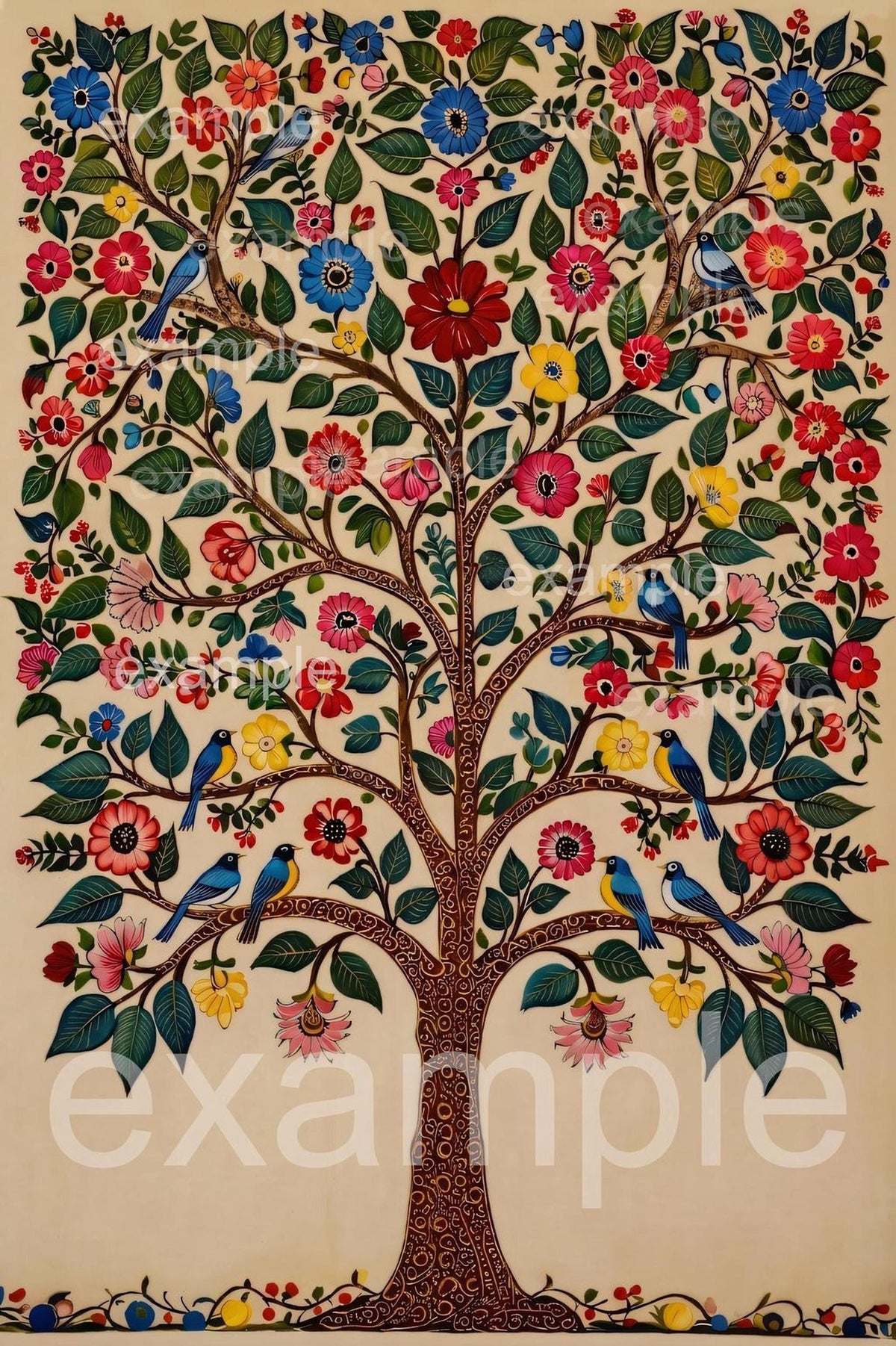 The image is a vibrant and intricate tree with a variety of colorful flowers and birds perched on its branches.