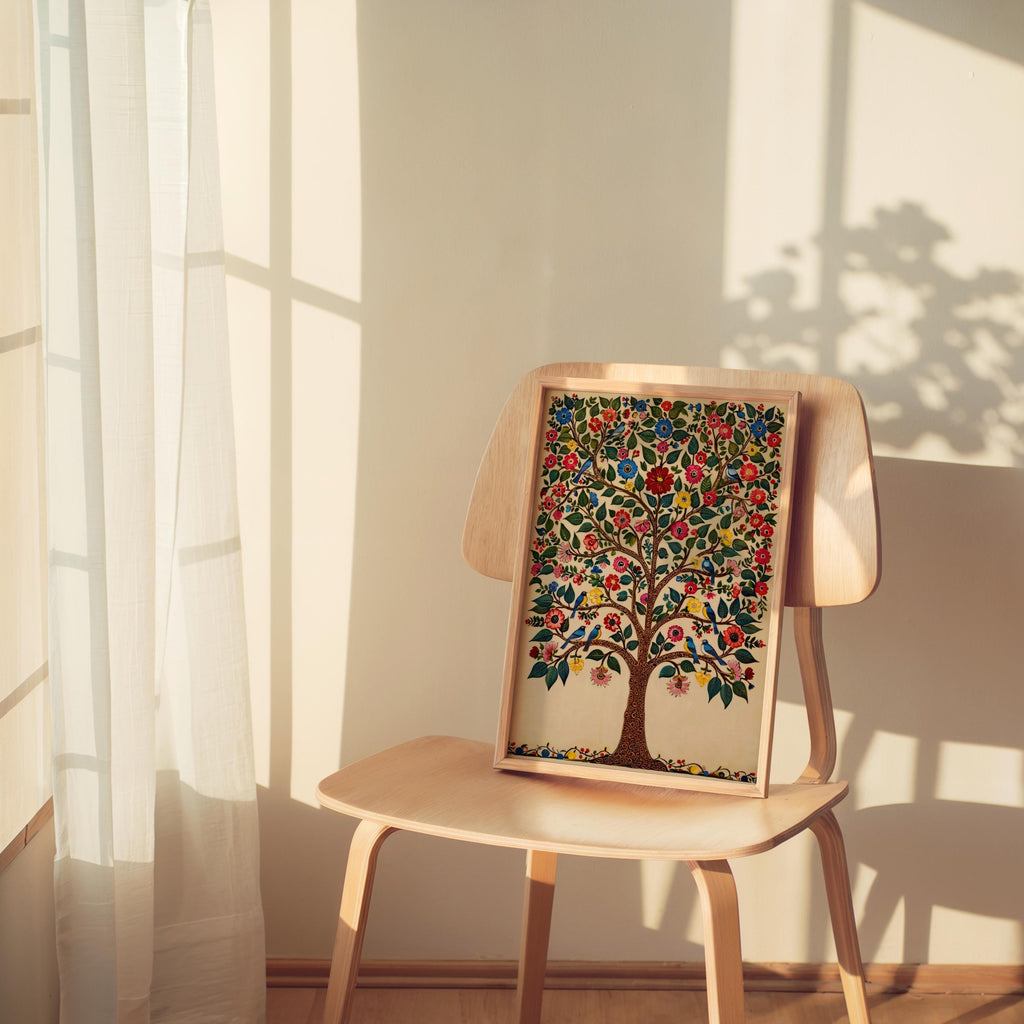 A wooden chair with a colorful, intricate tree painting displayed on its backrest.