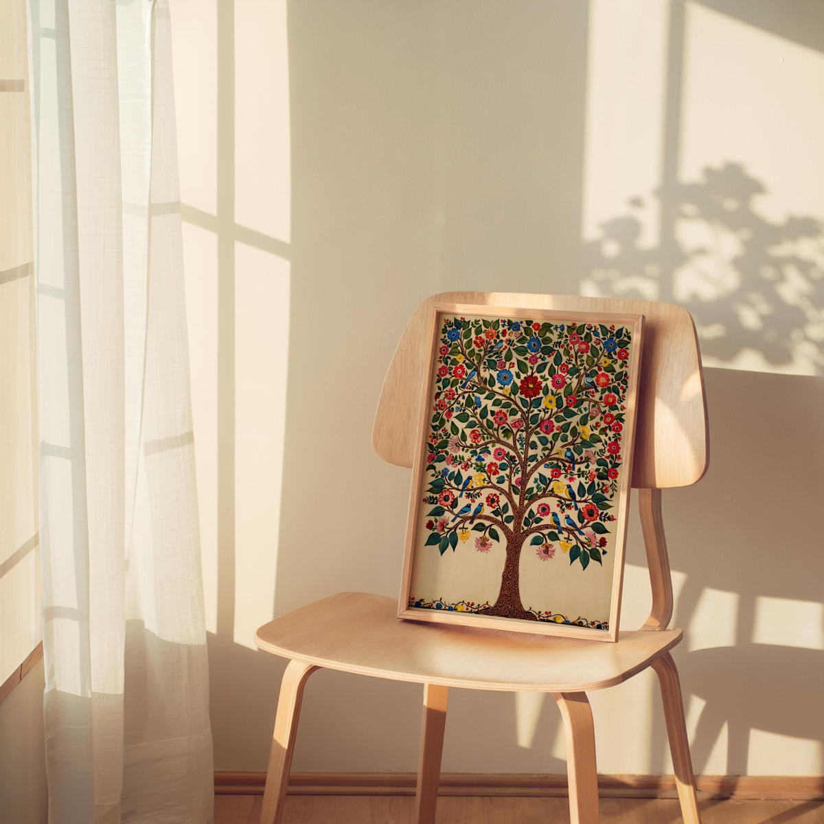 A wooden chair with a colorful, intricate tree painting displayed on its backrest.
