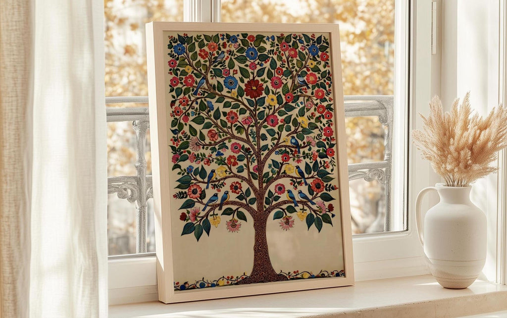 A framed painting of a colorful tree with flowers and birds is displayed on a window sill, with a white vase and natural light visible in the background.