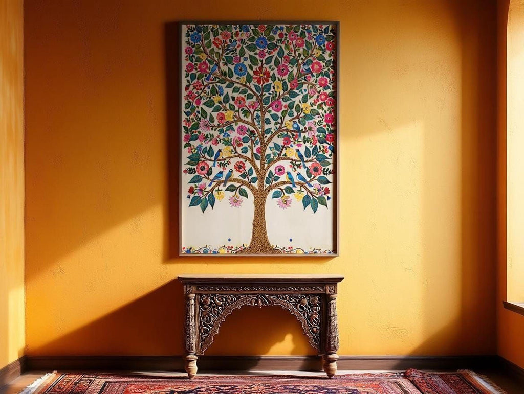 a large, colorful painting of a tree hanging on a wall above a wooden table with an intricate carved design.