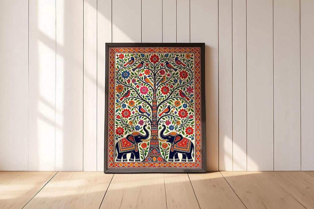 A framed painting of a tree with two elephants standing beneath it, set against a white background.