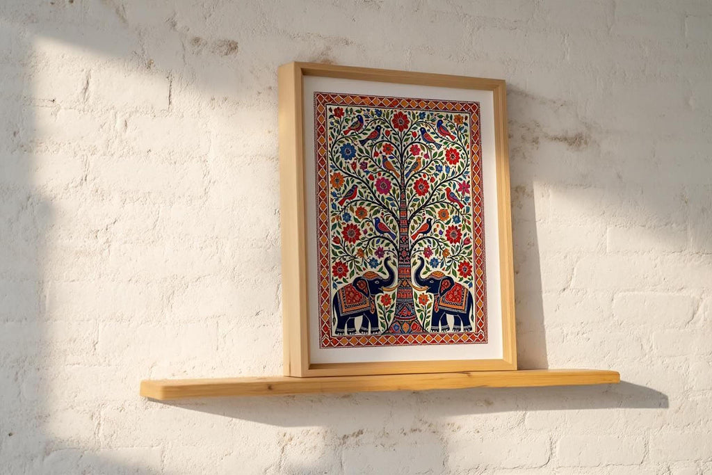 A framed picture of a colorful, intricate tree with two elephants is hanging on a white brick wall.