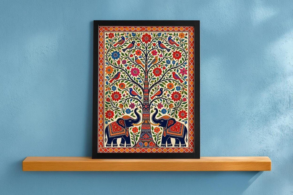 A framed picture of two elephants standing next to each other, with a colorful tree design in the background, is displayed on a wooden shelf against a blue wall.