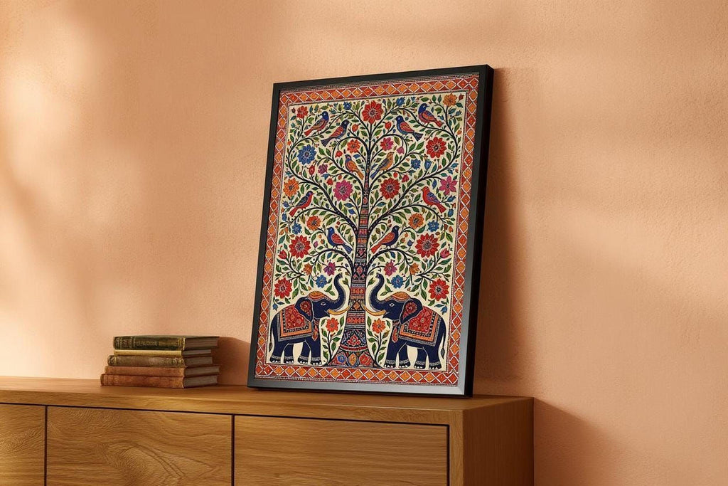 A framed picture of a colorful, intricate tree with elephants and birds is displayed on a wooden cabinet against a peach-colored wall.