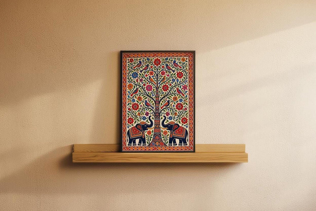 A framed picture of a colorful, intricate tree with elephants is displayed on a wooden shelf against a plain wall.