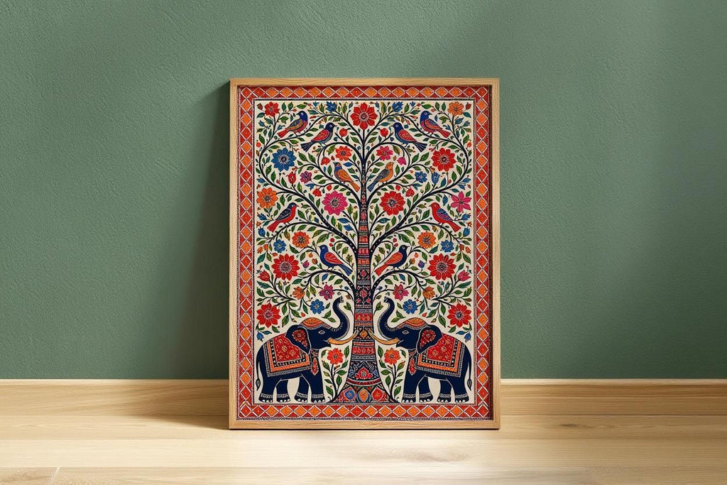 A framed picture of a colorful, intricate tree with elephants and birds on its branches, set against a green wall.