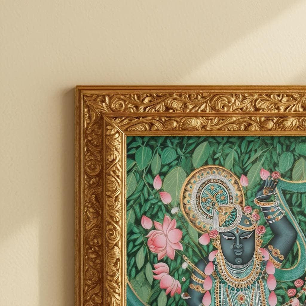 a framed painting of a deity, possibly a Hindu deity, surrounded by lush greenery and pink flowers.