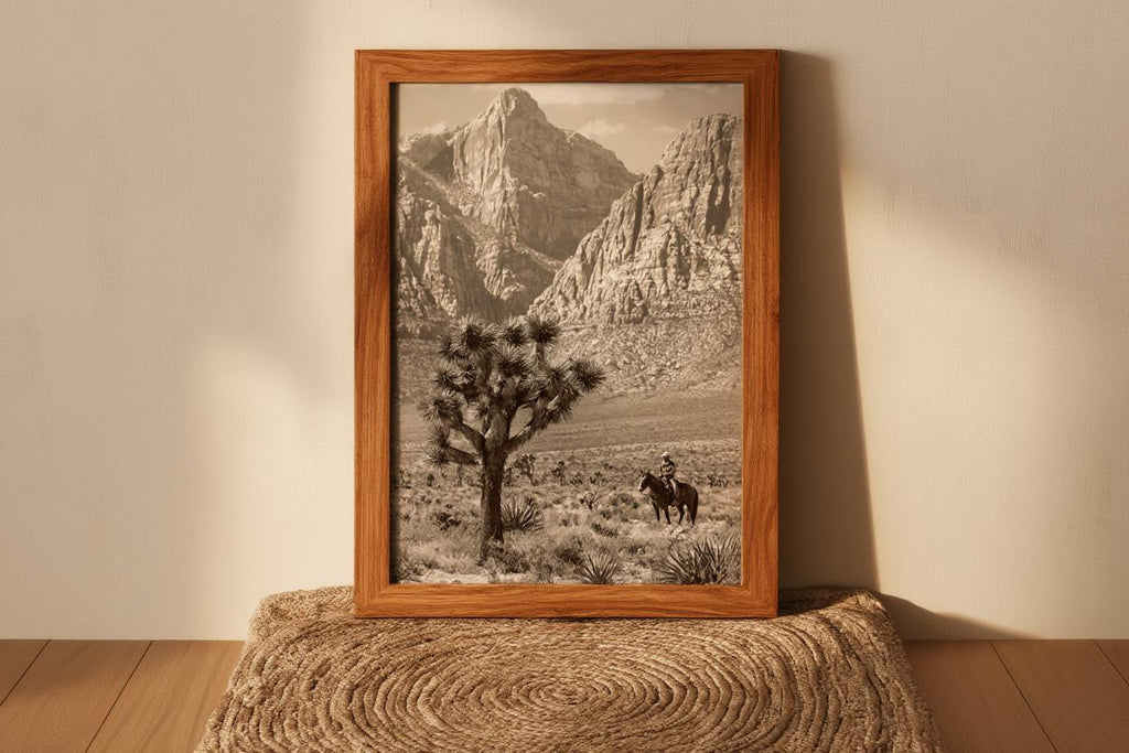 Vintage Joshua Tree Cowboy Print, Antique Western Landscape Poster, Americana Desert Wall Art, Sepia Horseback Rider, Old West Gift, PRINTED