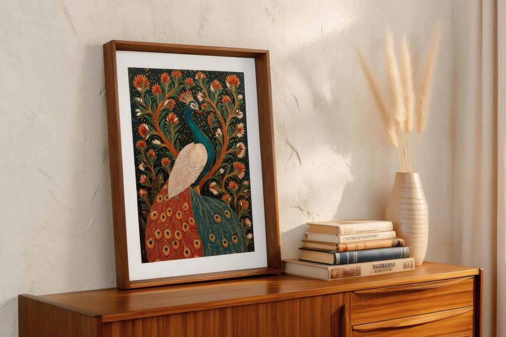 a framed painting of a peacock, a decorative vase with dried flowers, and a stack of books on a wooden dresser.
