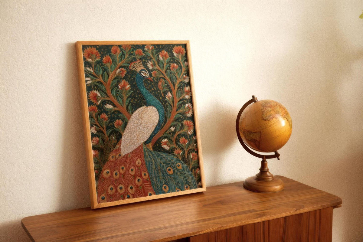 a framed painting of a peacock, a globe, and a wooden table.
