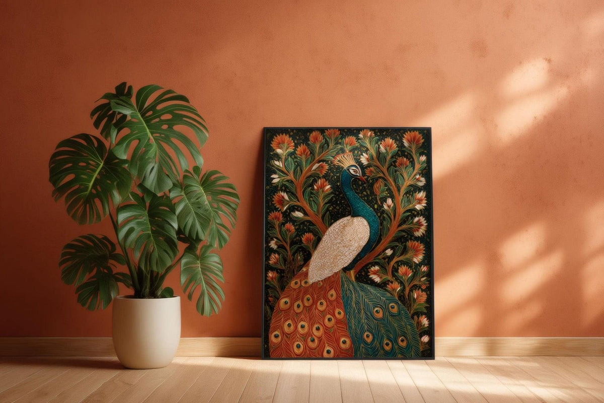 a large, ornate painting of a peacock standing on a wooden floor next to a potted plant.