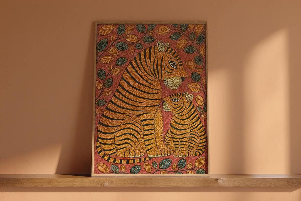 a framed painting of two tiger illustrations, one larger and one smaller, set against a background of leaves and branches.