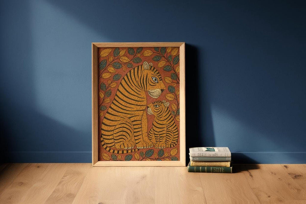 A framed painting of a tiger and its cub is displayed on a wooden floor against a blue wall, with a stack of books next to it.