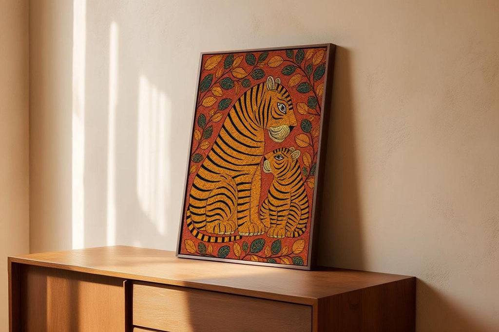 A framed painting of two tiger figures, one larger and one smaller, is displayed on a wooden dresser against a white wall.
