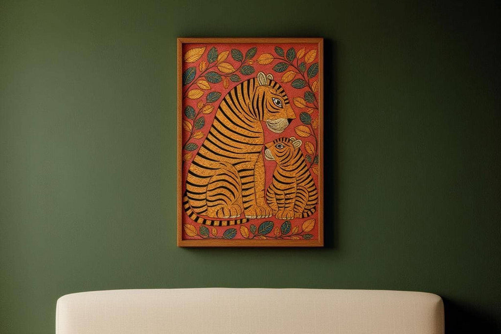 a framed painting of two tiger figures, one larger and one smaller, set against a vibrant red and green background with leaves.
