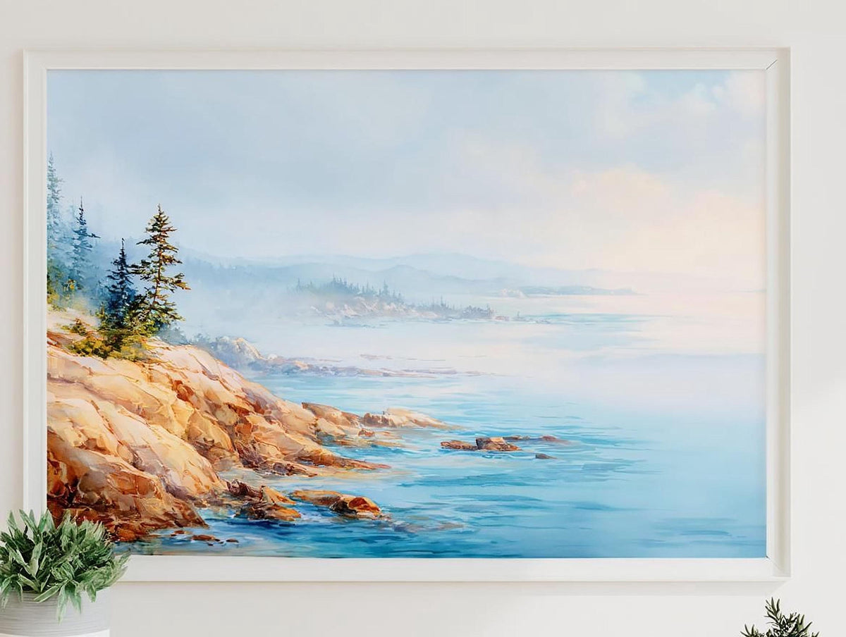 a serene landscape with a rocky coastline, a calm body of water, and a hazy sky.