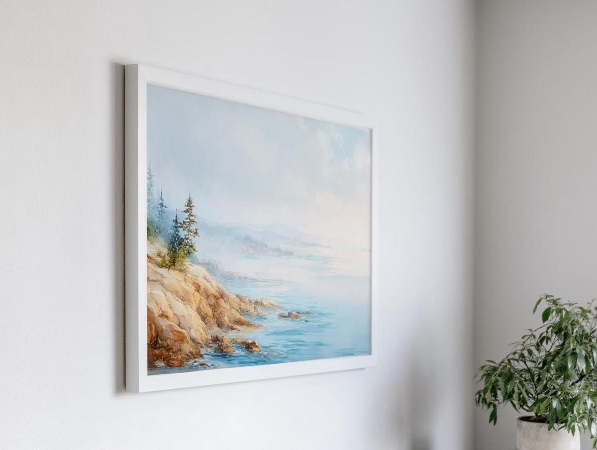 a painting of a serene landscape with a rocky coastline, a body of water, and a cloudy sky.