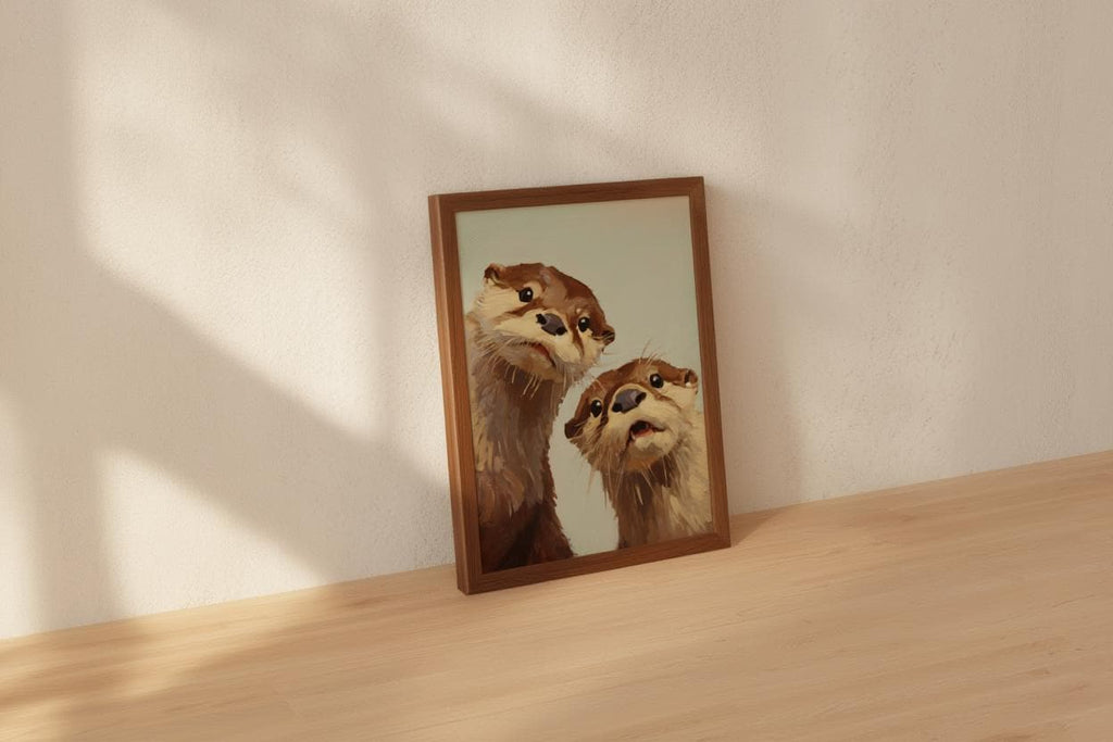 Whimsical Otter Nursery Art, Cute Animal Oil Painting, Woodland Coastal Wall Decor, Playful Kids Room Print, Peeking Otters Nature Gift