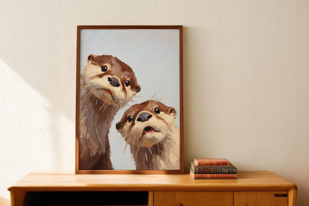 Whimsical Otter Nursery Art, Cute Animal Oil Painting, Woodland Coastal Wall Decor, Playful Kids Room Print, Peeking Otters Nature Gift
