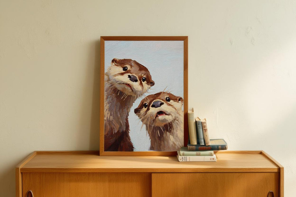 Whimsical Otter Nursery Art, Cute Animal Oil Painting, Woodland Coastal Wall Decor, Playful Kids Room Print, Peeking Otters Nature Gift