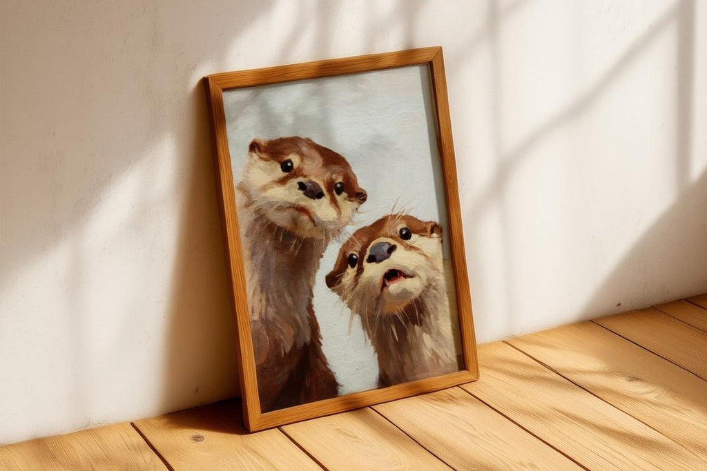 Whimsical Otter Nursery Art, Cute Animal Oil Painting, Woodland Coastal Wall Decor, Playful Kids Room Print, Peeking Otters Nature Gift