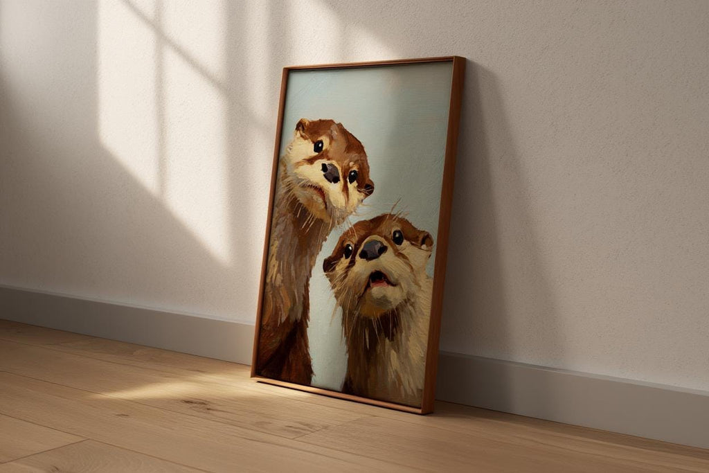 Whimsical Otter Nursery Art, Cute Animal Oil Painting, Woodland Coastal Wall Decor, Playful Kids Room Print, Peeking Otters Nature Gift