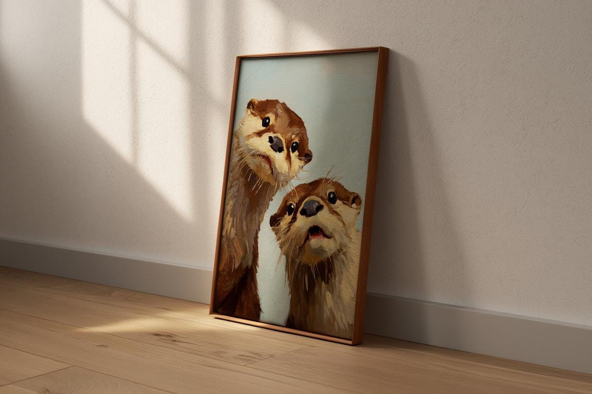 Whimsical Otter Nursery Art, Cute Animal Oil Painting, Woodland Coastal Wall Decor, Playful Kids Room Print, Peeking Otters Nature Gift