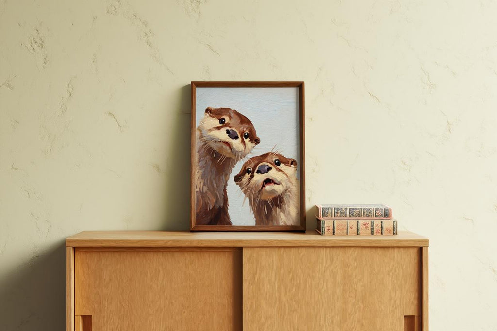 Whimsical Otter Nursery Art, Cute Animal Oil Painting, Woodland Coastal Wall Decor, Playful Kids Room Print, Peeking Otters Nature Gift