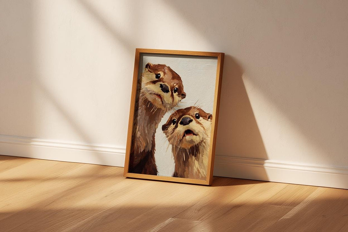 Whimsical Otter Nursery Art, Cute Animal Oil Painting, Woodland Coastal Wall Decor, Playful Kids Room Print, Peeking Otters Nature Gift