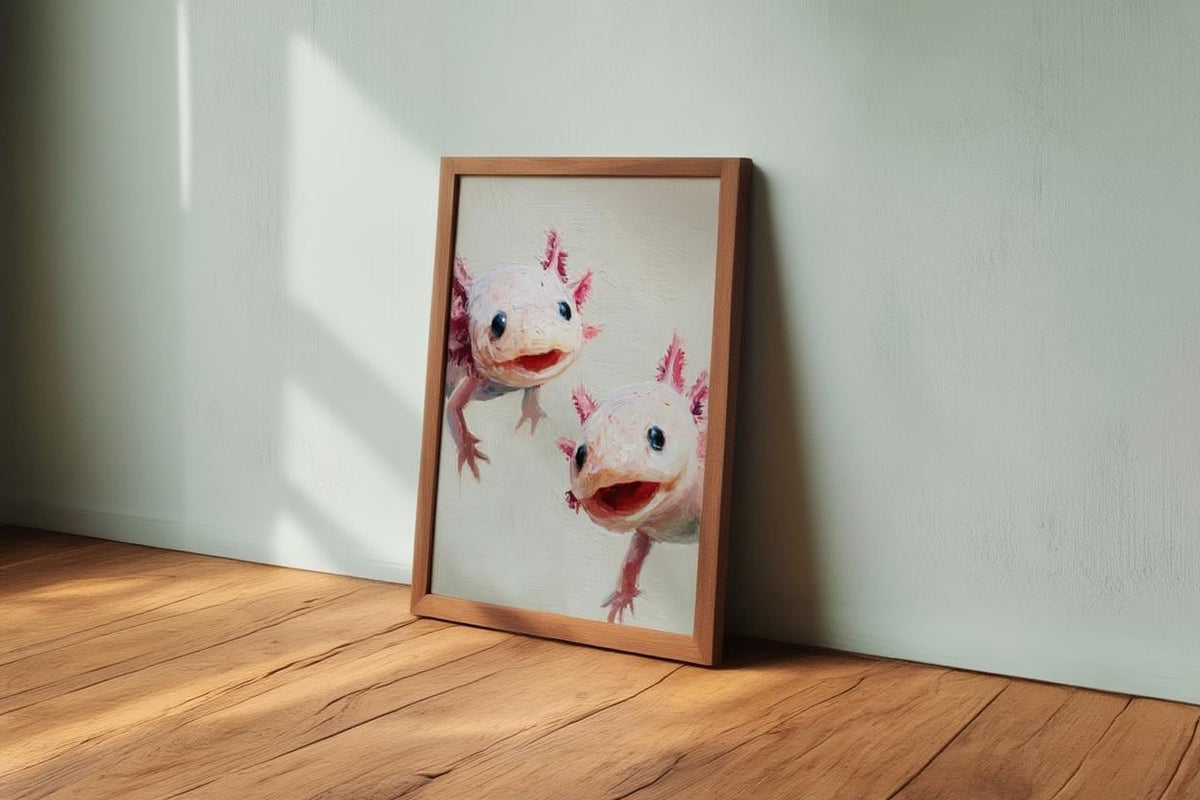 Whimsical Axolotl Oil Painting - Cute Axolotls Art Print - Pink Nursery Wall Art - Impressionist Peeking Animal Fine Art Poster