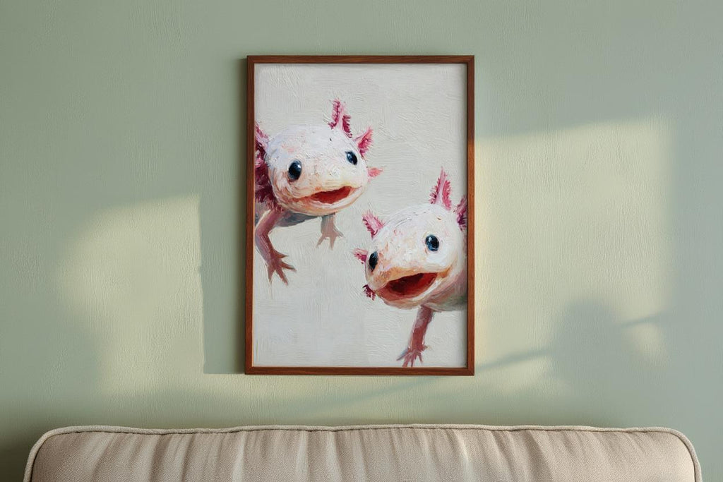 Whimsical Axolotl Oil Painting - Cute Axolotls Art Print - Pink Nursery Wall Art - Impressionist Peeking Animal Fine Art Poster