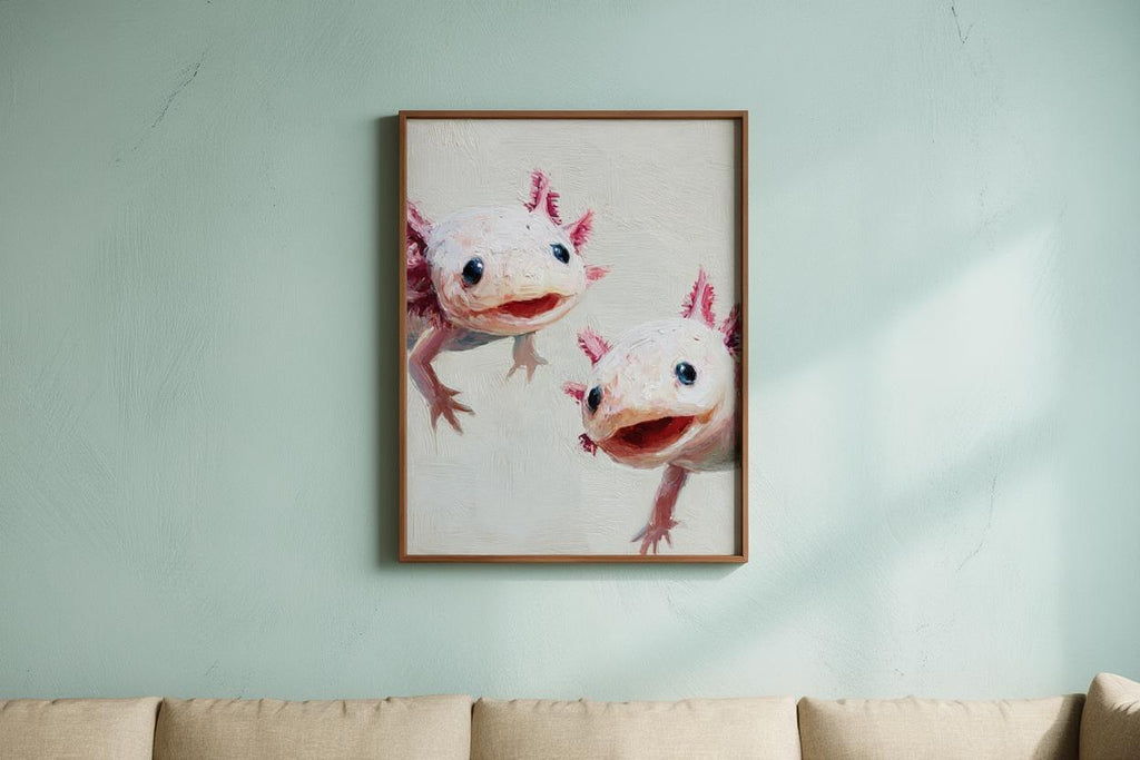 Whimsical Axolotl Oil Painting - Cute Axolotls Art Print - Pink Nursery Wall Art - Impressionist Peeking Animal Fine Art Poster