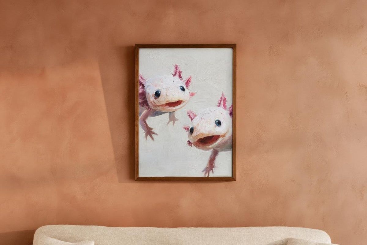 Whimsical Axolotl Oil Painting - Cute Axolotls Art Print - Pink Nursery Wall Art - Impressionist Peeking Animal Fine Art Poster