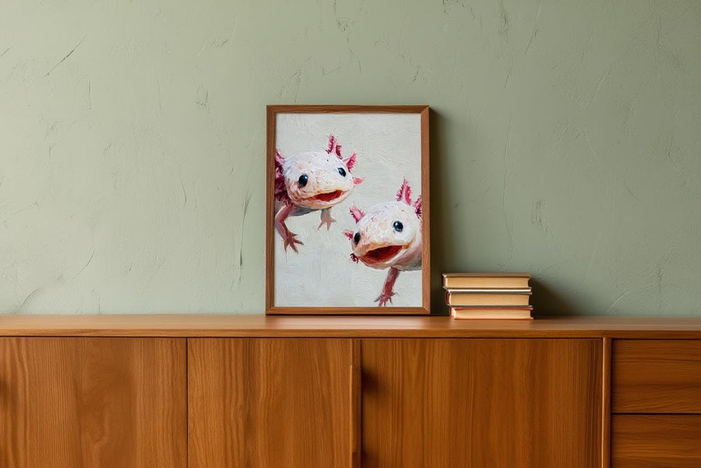 Whimsical Axolotl Oil Painting - Cute Axolotls Art Print - Pink Nursery Wall Art - Impressionist Peeking Animal Fine Art Poster